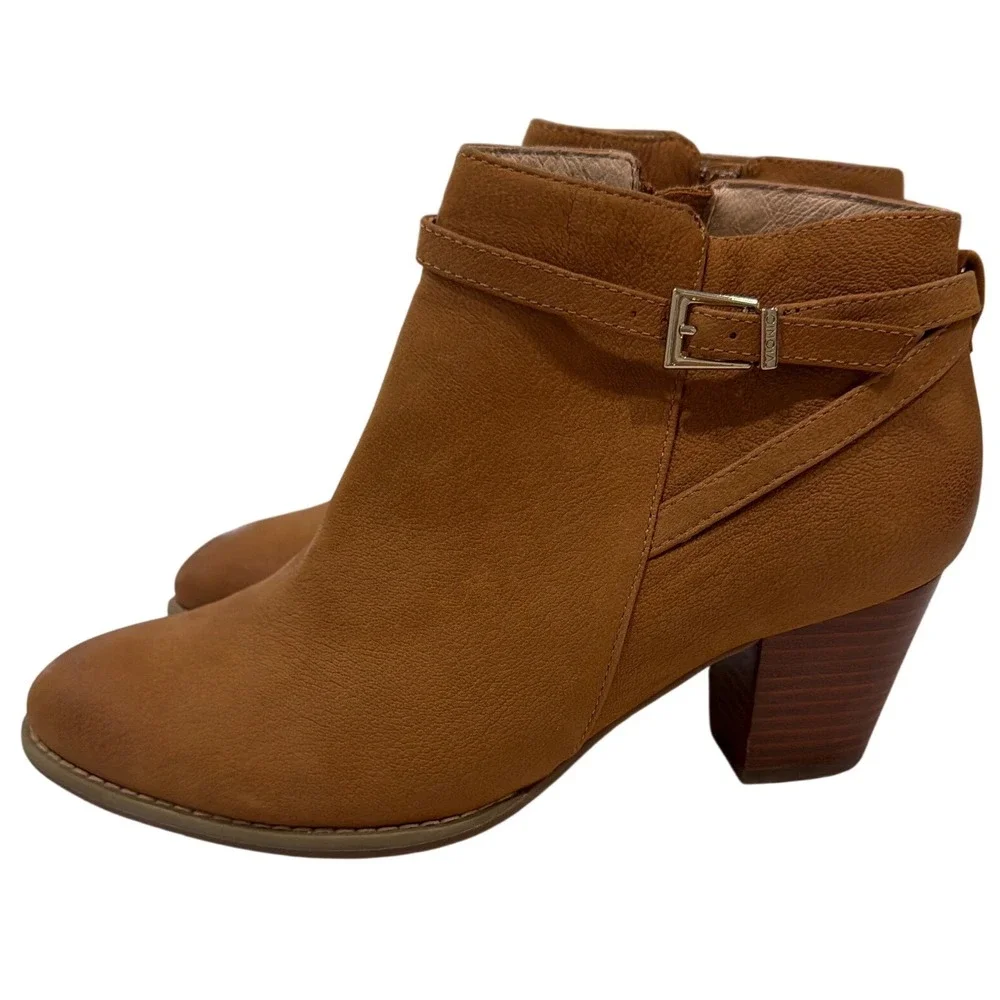 Vionic Upton Tan Leather Ankle Boots Block Heel Buckle Zip Women's 8